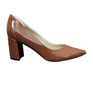 Marc Fisher Women's Caitlin Block Heels Brown Patent Pointed Toe Pump